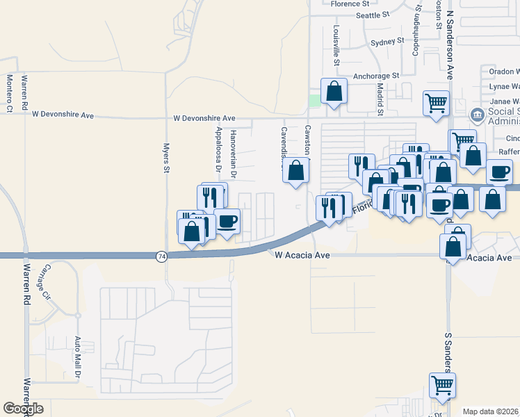 map of restaurants, bars, coffee shops, grocery stores, and more near 4400 West Florida Avenue in Hemet