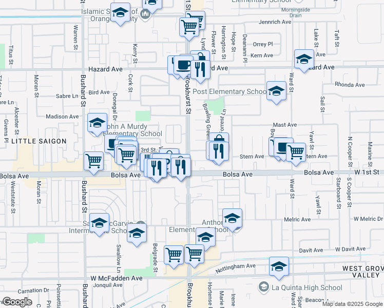 map of restaurants, bars, coffee shops, grocery stores, and more near 10022 Premier Avenue in Westminster