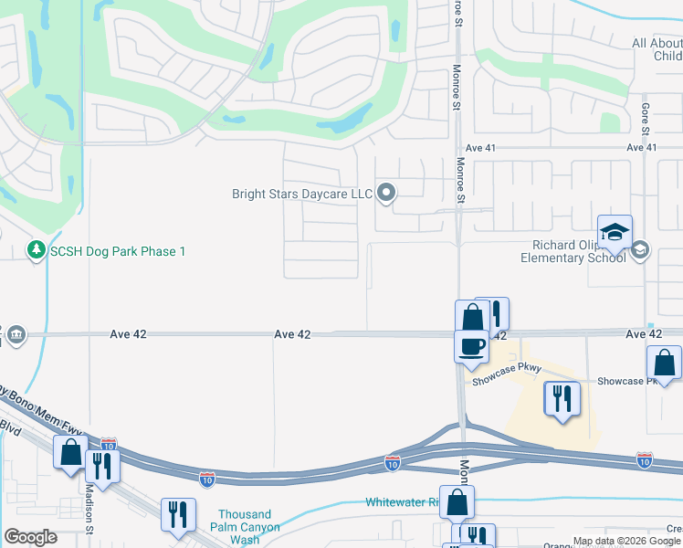 map of restaurants, bars, coffee shops, grocery stores, and more near 81682 Avenida Celaya in Indio
