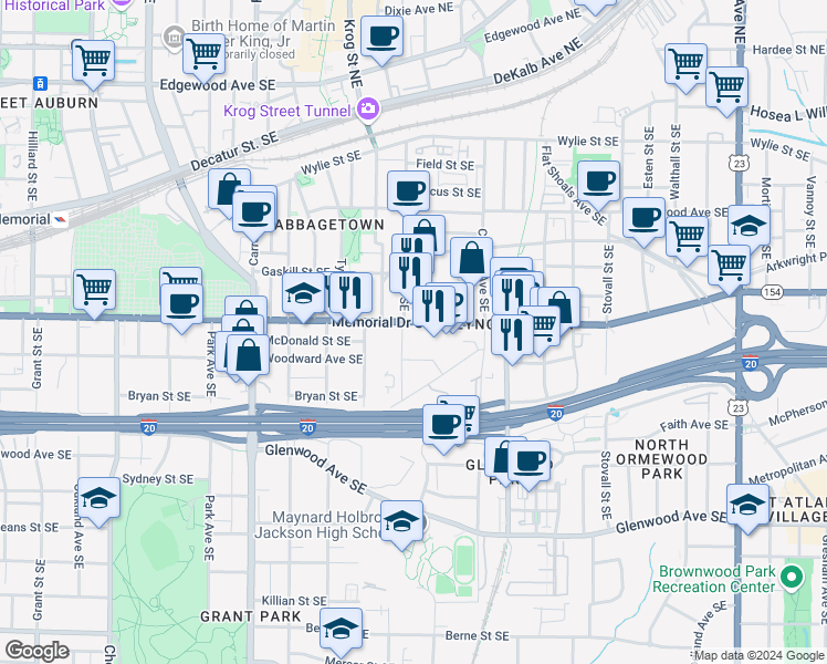 map of restaurants, bars, coffee shops, grocery stores, and more near 779 Memorial Drive Southeast in Atlanta