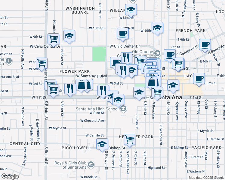 map of restaurants, bars, coffee shops, grocery stores, and more near 700 West 3rd Street in Santa Ana