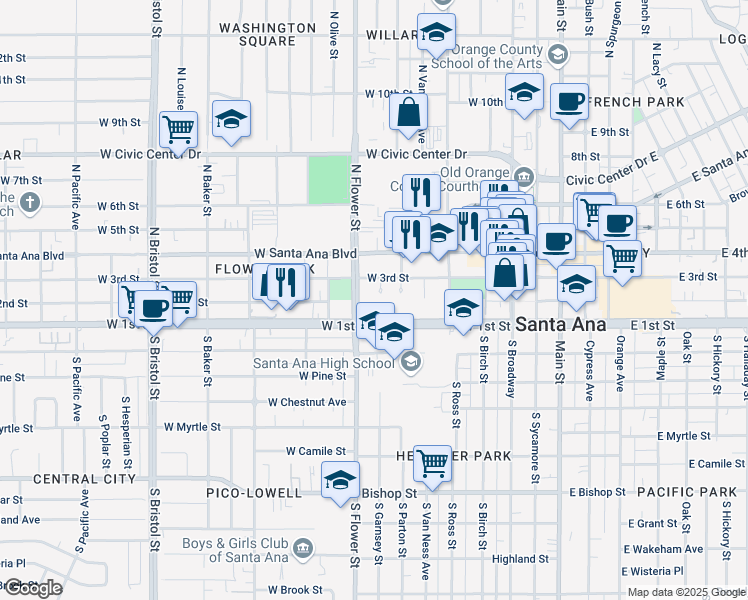 map of restaurants, bars, coffee shops, grocery stores, and more near 700 West 3rd Street in Santa Ana