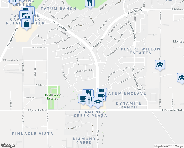 map of restaurants, bars, coffee shops, grocery stores, and more near 28638 North 46th Way in Cave Creek