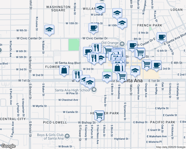 map of restaurants, bars, coffee shops, grocery stores, and more near 600 West 3rd Street in Santa Ana