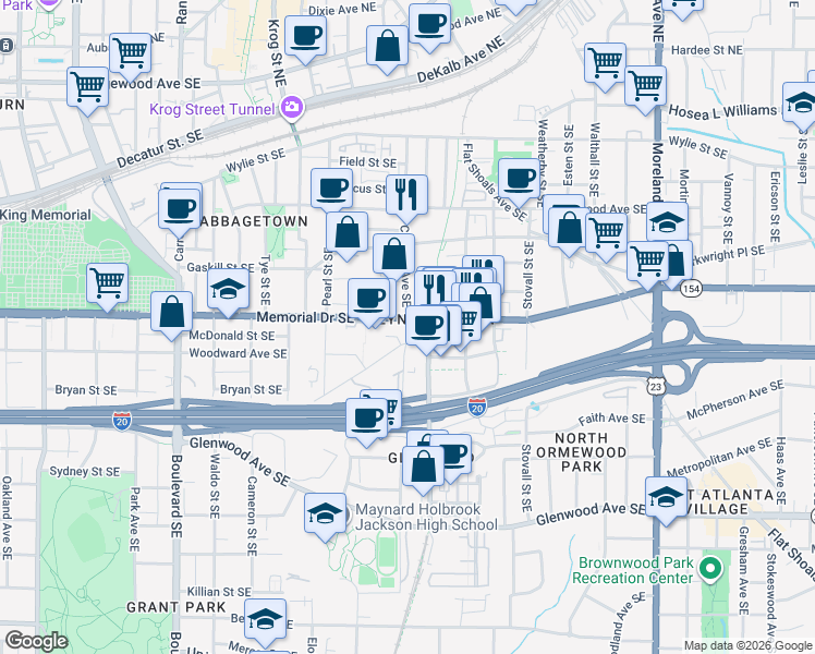 map of restaurants, bars, coffee shops, grocery stores, and more near Chester Avenue Southeast in Atlanta