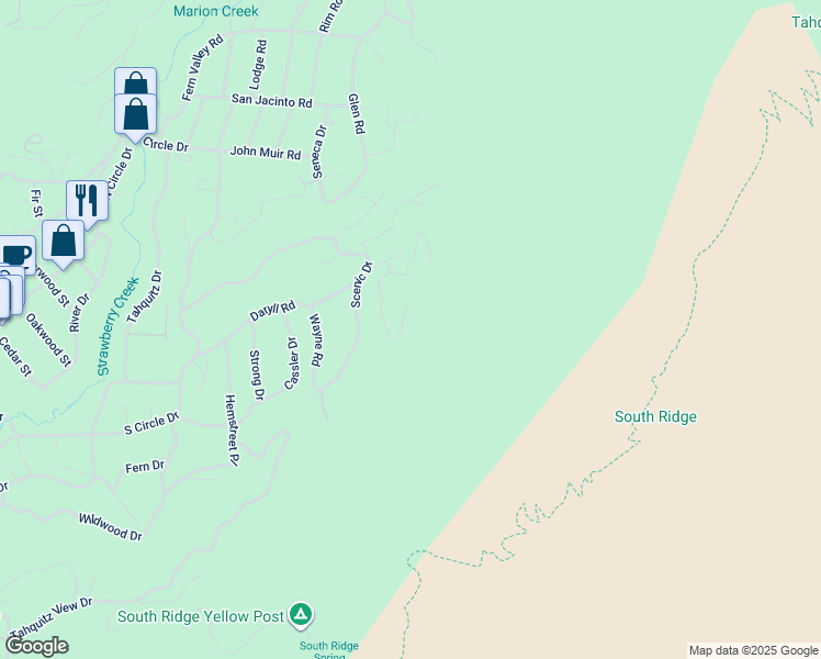 map of restaurants, bars, coffee shops, grocery stores, and more near Shady View Drive in Idyllwild-Pine Cove