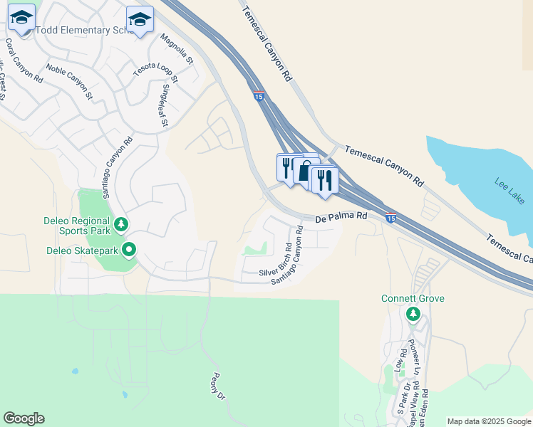 map of restaurants, bars, coffee shops, grocery stores, and more near 25713 Chamomile Road in Corona