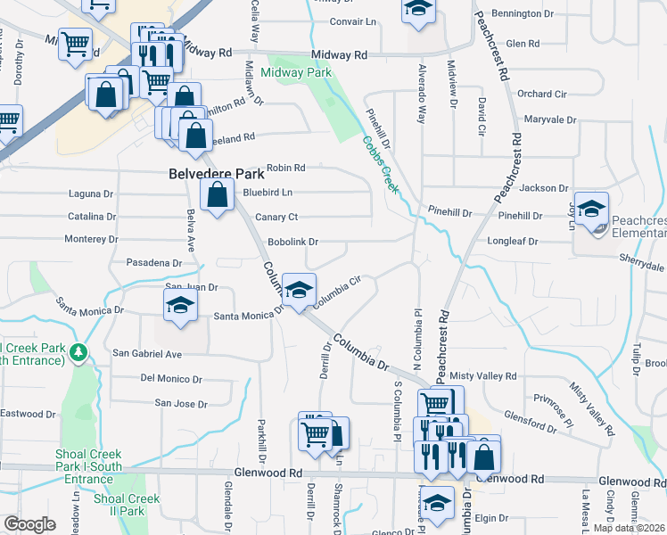 map of restaurants, bars, coffee shops, grocery stores, and more near 3221 Bobolink Drive in Decatur