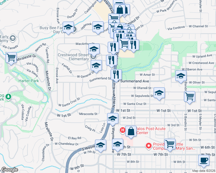 map of restaurants, bars, coffee shops, grocery stores, and more near 246 North Ellery Drive in Los Angeles