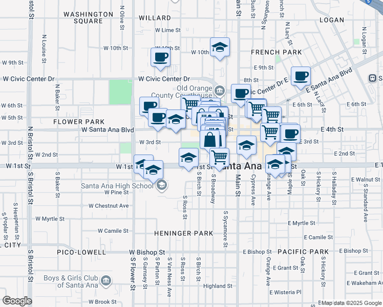 map of restaurants, bars, coffee shops, grocery stores, and more near 401 West 1st Street in Santa Ana
