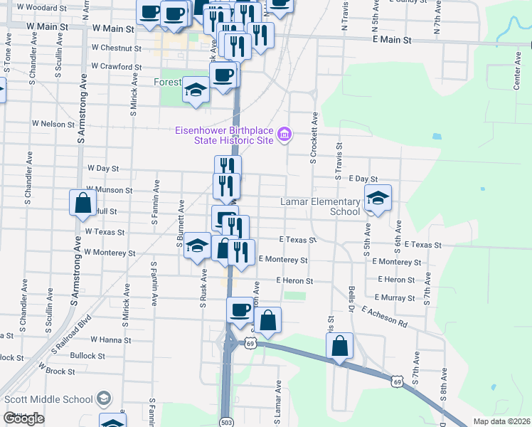 map of restaurants, bars, coffee shops, grocery stores, and more near 100 Munson Street in Denison