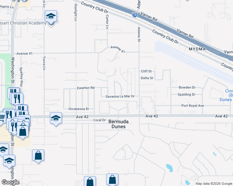 map of restaurants, bars, coffee shops, grocery stores, and more near 41650 Balaclava Drive in Indio