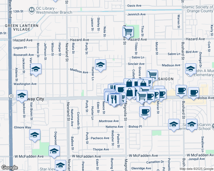 map of restaurants, bars, coffee shops, grocery stores, and more near 14892 Valencia Plaza in Westminster