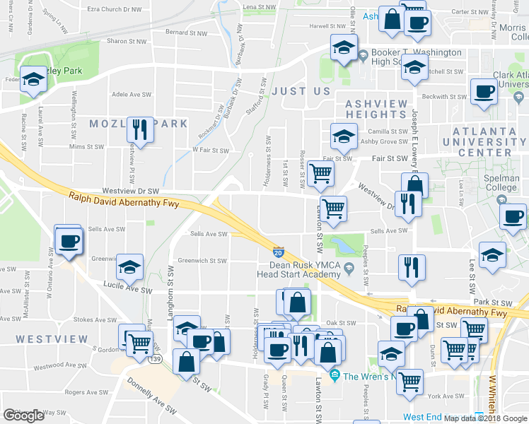 map of restaurants, bars, coffee shops, grocery stores, and more near 320 Holderness Street Southwest in Atlanta