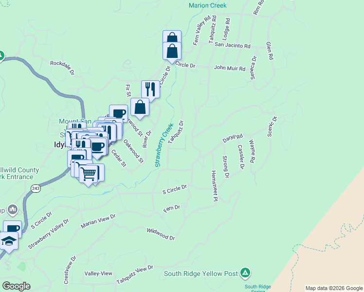 map of restaurants, bars, coffee shops, grocery stores, and more near 25881 Hill Street in Idyllwild-Pine Cove