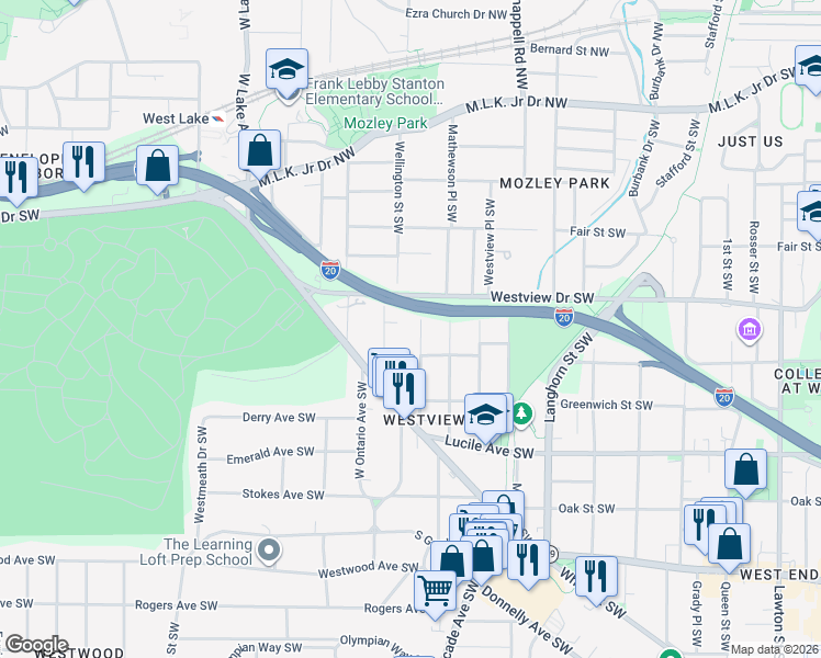 map of restaurants, bars, coffee shops, grocery stores, and more near 310 Wellington Street Southwest in Atlanta
