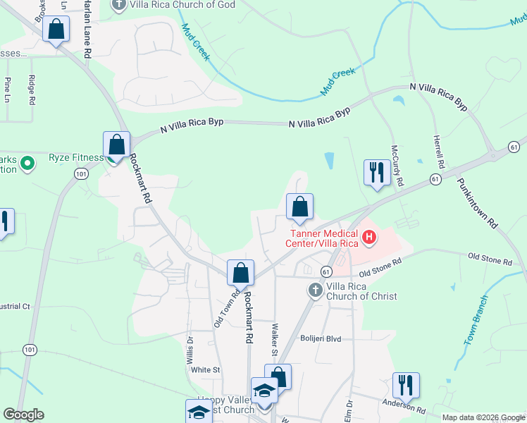 map of restaurants, bars, coffee shops, grocery stores, and more near 447 Vandenburg Drive in Villa Rica