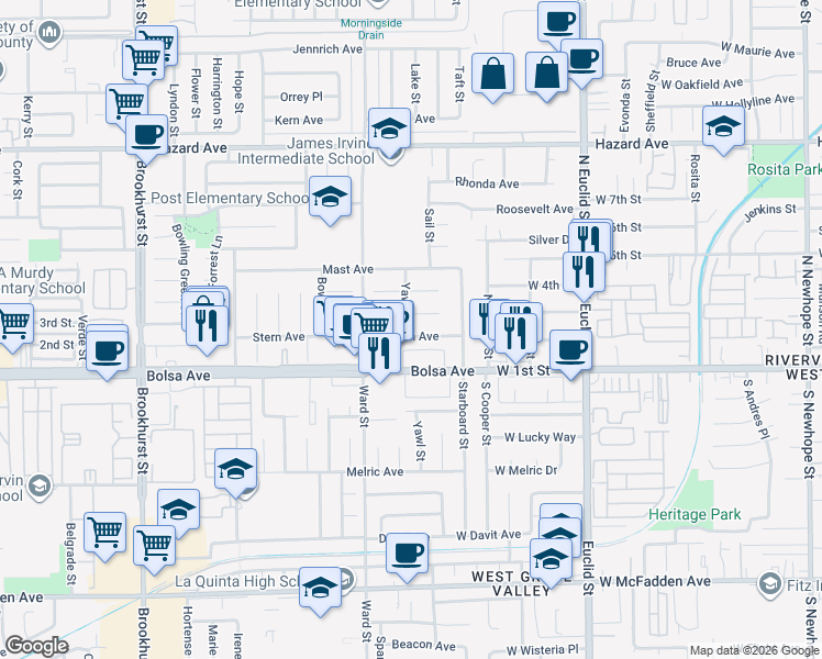 map of restaurants, bars, coffee shops, grocery stores, and more near 10571 Schooner Avenue in Garden Grove