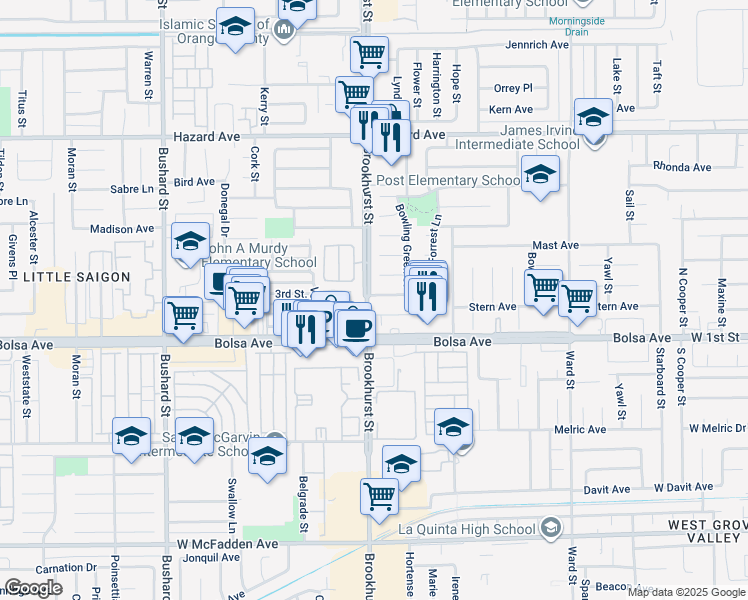 map of restaurants, bars, coffee shops, grocery stores, and more near 10022 Premier Avenue in Westminster