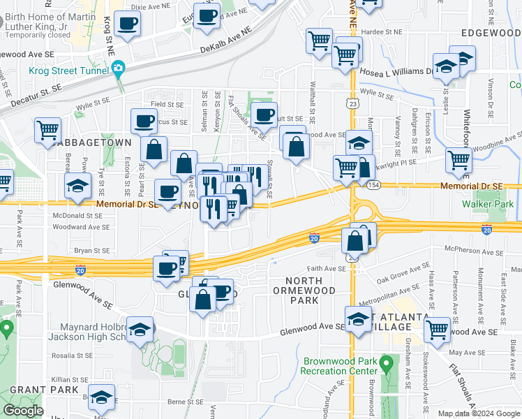 map of restaurants, bars, coffee shops, grocery stores, and more near 984 Memorial Walk Southeast in Atlanta