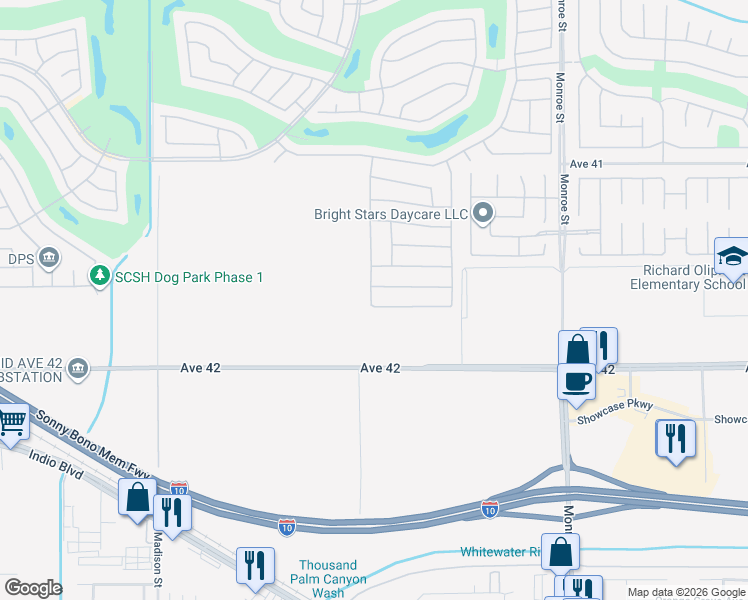 map of restaurants, bars, coffee shops, grocery stores, and more near 81534 Avenida Celaya in Indio