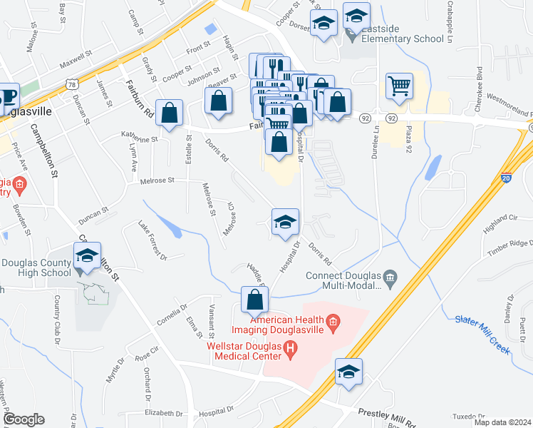 map of restaurants, bars, coffee shops, grocery stores, and more near 8605 Baldwin Parkway in Douglasville
