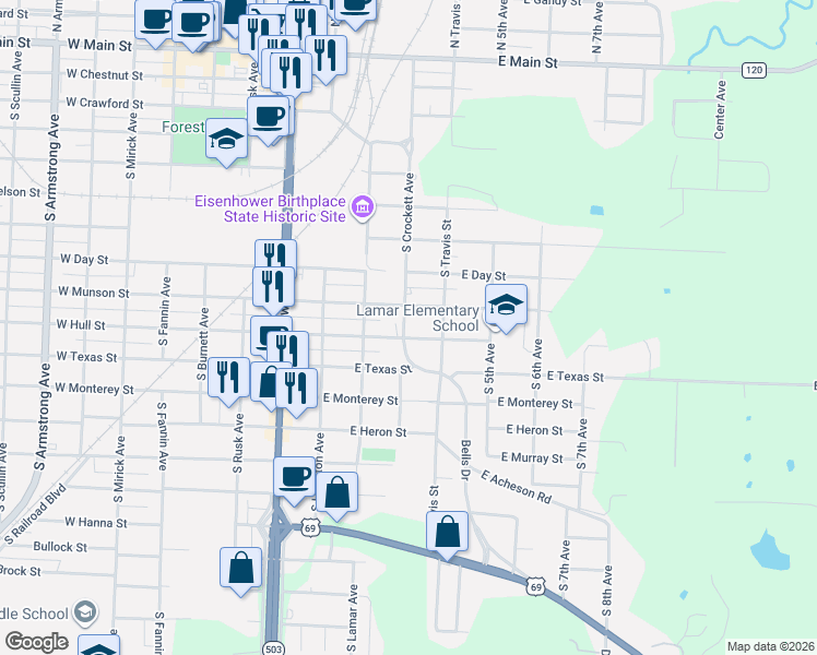 map of restaurants, bars, coffee shops, grocery stores, and more near 910 South Crockett Avenue in Denison