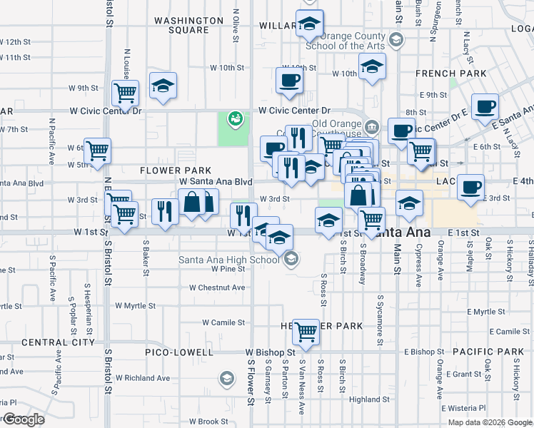 map of restaurants, bars, coffee shops, grocery stores, and more near 700 West 3rd Street in Santa Ana