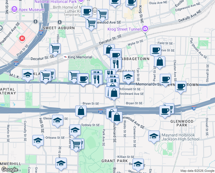 map of restaurants, bars, coffee shops, grocery stores, and more near 248 Oakland Avenue Southeast in Atlanta