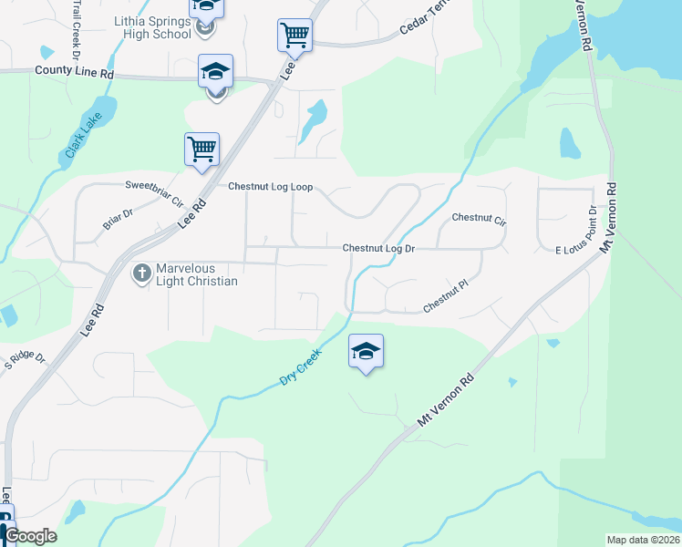 map of restaurants, bars, coffee shops, grocery stores, and more near 2132 Cedar Creek Lane in Lithia Springs