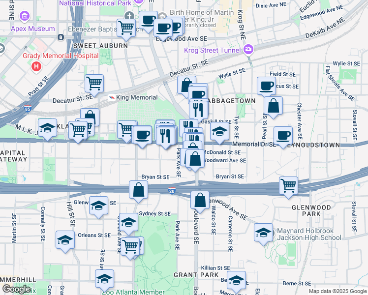 map of restaurants, bars, coffee shops, grocery stores, and more near 563 Memorial Drive Southeast in Atlanta