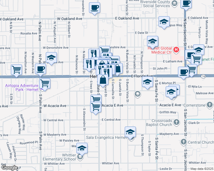 map of restaurants, bars, coffee shops, grocery stores, and more near 142 South Harvard Street in Hemet