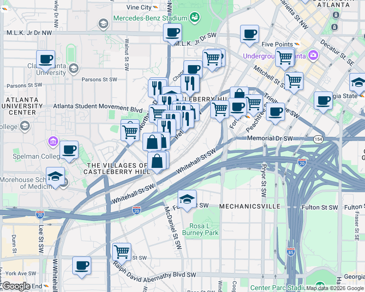 map of restaurants, bars, coffee shops, grocery stores, and more near 300 Peters Street Southwest in Atlanta