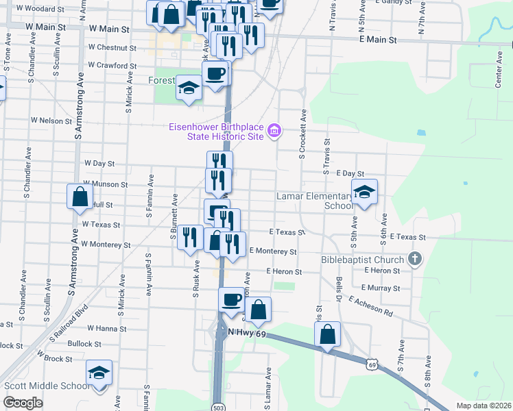 map of restaurants, bars, coffee shops, grocery stores, and more near 107 East Hull Street in Denison