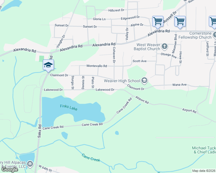 map of restaurants, bars, coffee shops, grocery stores, and more near 1308 Clairmont Drive in Weaver