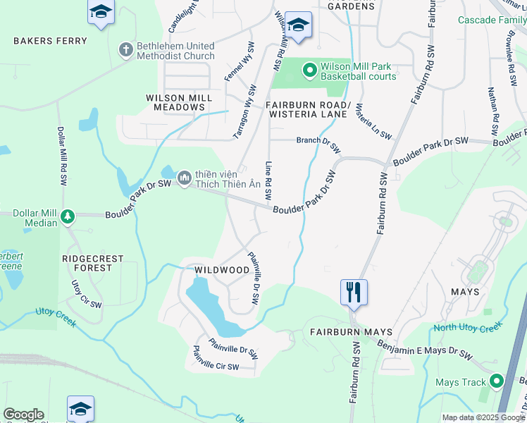 map of restaurants, bars, coffee shops, grocery stores, and more near 3900 Boulder Park Drive Southwest in Atlanta