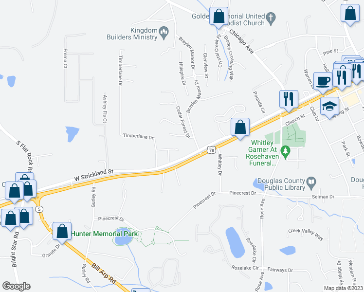 map of restaurants, bars, coffee shops, grocery stores, and more near 7225 Myrtle Lane in Douglasville