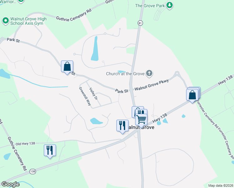 map of restaurants, bars, coffee shops, grocery stores, and more near 950 Park Street in Walnut Grove