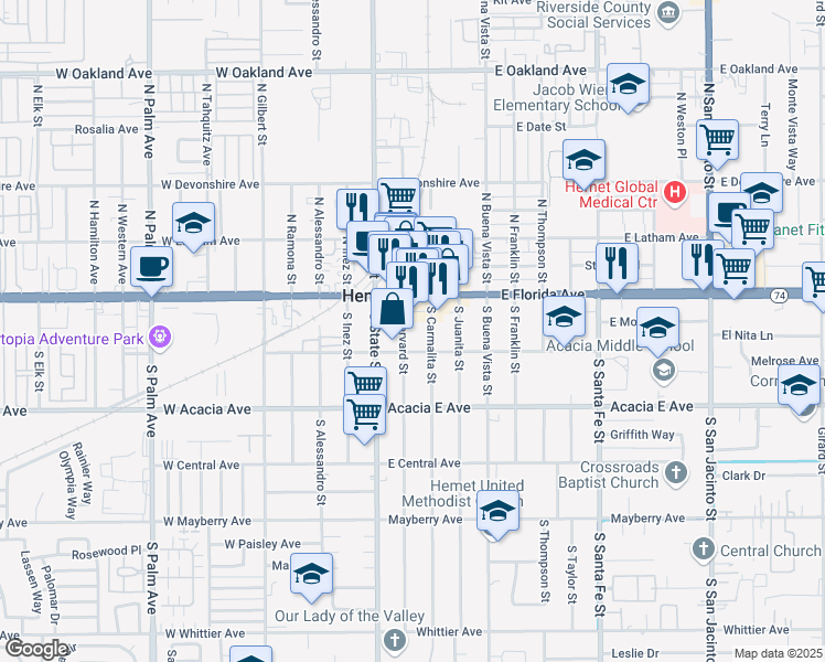 map of restaurants, bars, coffee shops, grocery stores, and more near 142 South Harvard Street in Hemet
