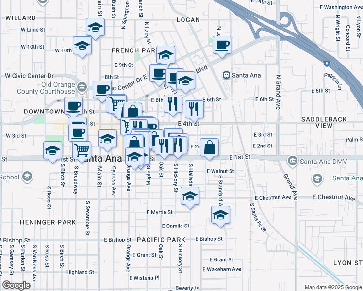 map of restaurants, bars, coffee shops, grocery stores, and more near in Santa Ana
