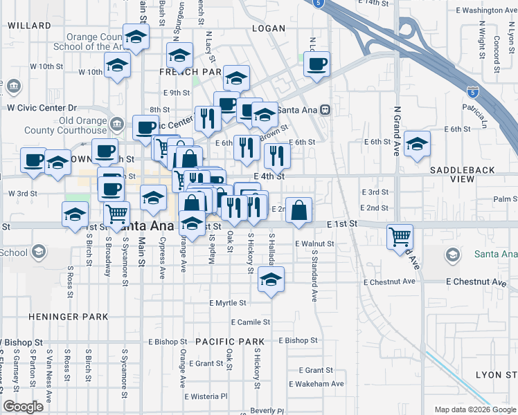 map of restaurants, bars, coffee shops, grocery stores, and more near in Santa Ana