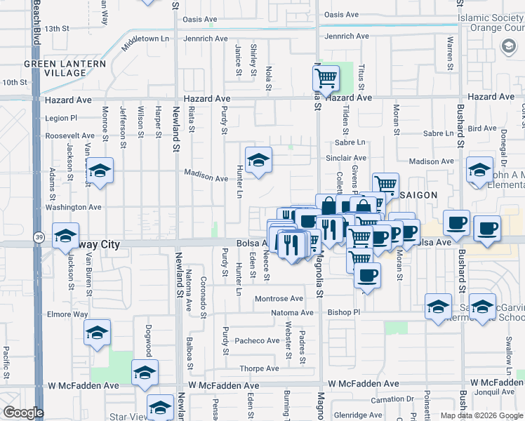 map of restaurants, bars, coffee shops, grocery stores, and more near 14886 Cordoba Plaza in Westminster