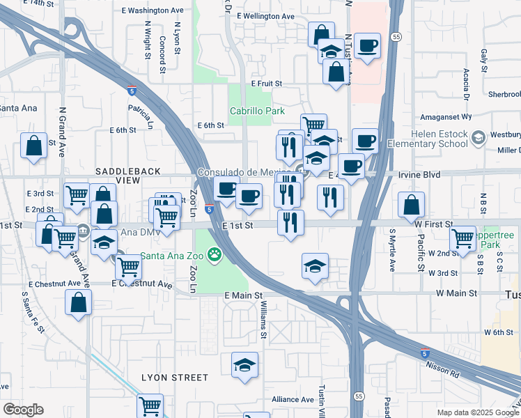 map of restaurants, bars, coffee shops, grocery stores, and more near 1901 East 1st Street in Santa Ana