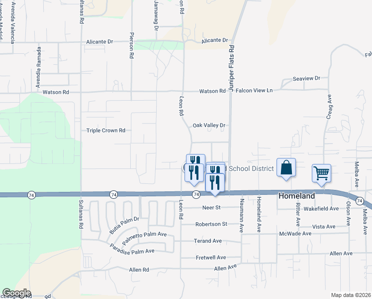 map of restaurants, bars, coffee shops, grocery stores, and more near 25795 Leon Road in Homeland