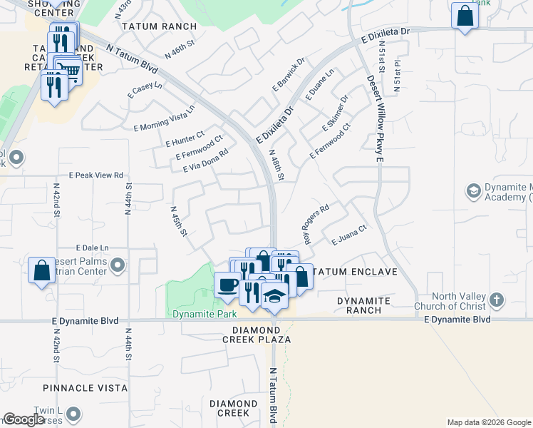 map of restaurants, bars, coffee shops, grocery stores, and more near 4808 East Fernwood Court in Cave Creek