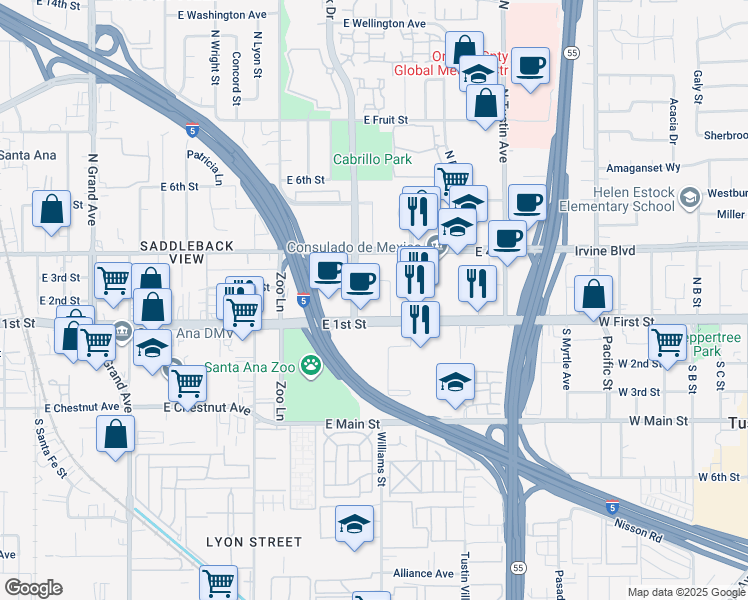 map of restaurants, bars, coffee shops, grocery stores, and more near 1900 East 4th Street in Santa Ana