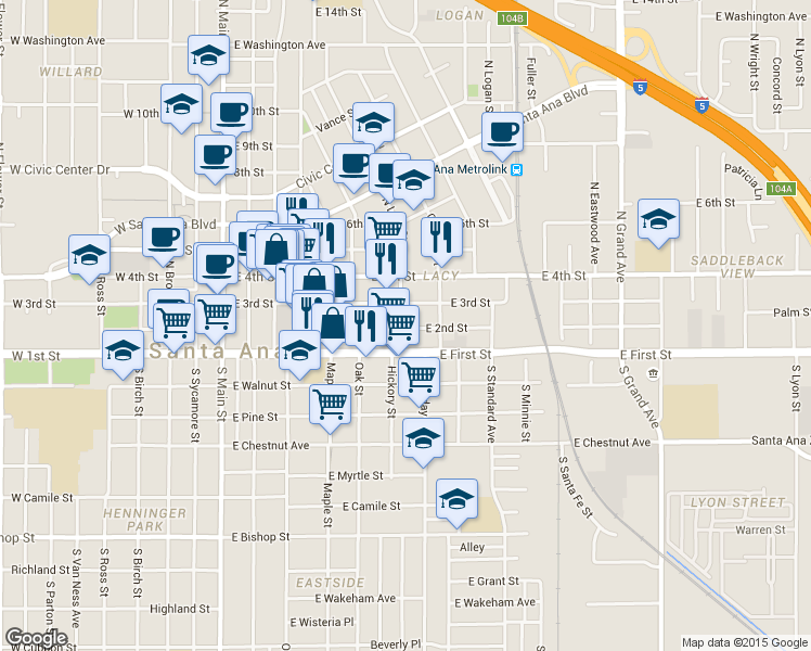 map of restaurants, bars, coffee shops, grocery stores, and more near  in Santa Ana