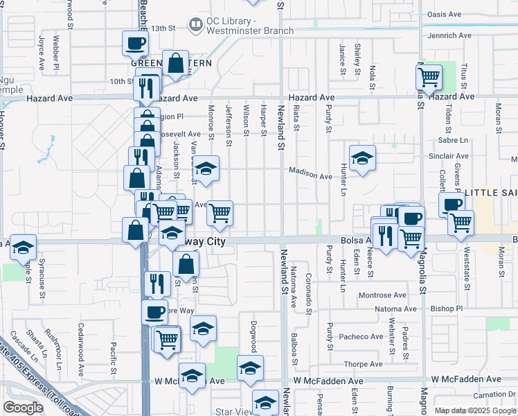 map of restaurants, bars, coffee shops, grocery stores, and more near 14831 Harper Street in Midway City