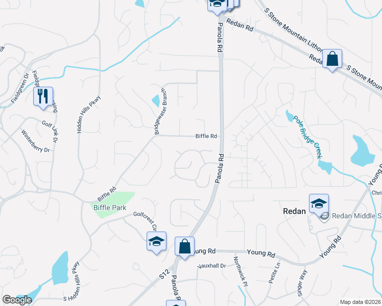 map of restaurants, bars, coffee shops, grocery stores, and more near 5289 Biffle Downs Road in Stone Mountain