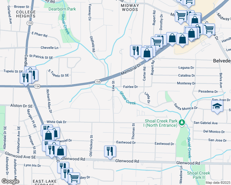 map of restaurants, bars, coffee shops, grocery stores, and more near in Belvedere Park